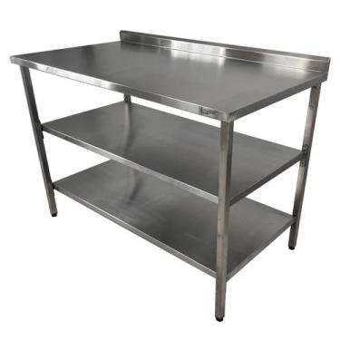 Imagem de Mesa de Aço Inox Industrial 130x70x90 cm com 2 Prateleiras Plano Liso 