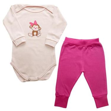 Imagem de Conjunto Body Manga Longa Bebê Macaquinha Laço Rosa + Calça - Generic,
