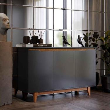 Imagem de Aparador Buffet Sala Flow 3 Portas com Pés de Madeira Preto com Freijó