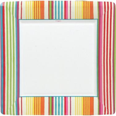 Imagem de Conjunto de duas placas de jantar de papel quadrado com listras de praia da Entertaining with Caspari, 8 pratos por pacote