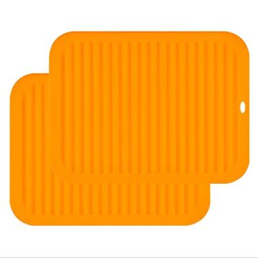 Imagem de Conjunto de 2 tapetes de silicone com 2 Smithcraft 30 x 22,5 cm, multiuso, para secagem, suporte de panela, impermeável, antiderrapante, flexível, durável, lavável na lava-louças, laranja