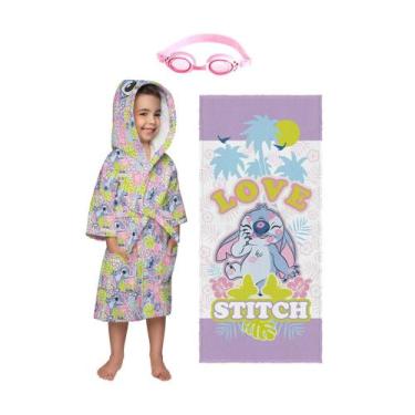 Imagem de Kit Piscina Menina (Roupão Aveludado Capuz Stitch + Toalha Felpuda Ban