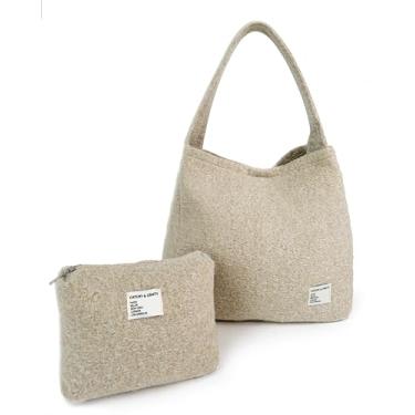 Imagem de CATCHY & CRAFTY Sacola feminina – Bolsa de ginástica Hobo grande de pelúcia para treino, ioga, viagens – lã fofa, Off-white, Large