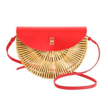 Imagem de Bolsa de bambu tecida à mão bolsa de palha de verão bolsa transversal feminina natural feita à mão bolsa de bambu de praia com alça de couro, Vermelho, Small