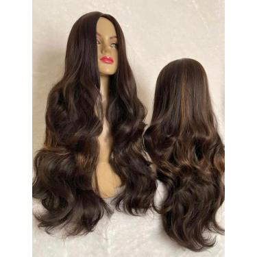 Imagem de Lacewig peruca morena iluminada ondulada longa luzes discretas castanh