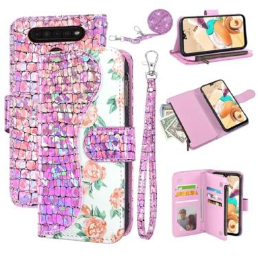 Imagem de Dibosom Capa carteira floral para LG K61/Q61/K51S/K41S com alça de pulso alça de ombro flip zíper bolsa porta-cartão, suporte de couro PU de luxo brilhante brilhante brilhante capa de celular para K61