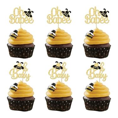 Imagem de Gyufise 24 peças Toppers de cupcake de abelha dourado glitter chá de bebê Oh Babee Toppers de bolo de bebê Oh Babee palitos de cupcake tema de abelha chá de bebê revelação de gênero crianças primeiro aniversário decorações de bolo suprimentos