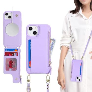 Imagem de SailorTech Capa para iPhone 15 com suporte para cartão de crédito cordão de telefone seguro para mulheres, capa de couro para celular iP15 com carteira compatível com zíper - roxo