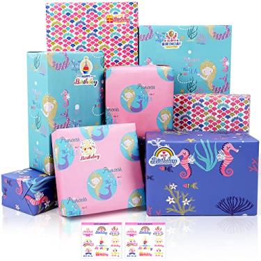 Imagem de MAMUNU Conjunto de papel de embrulho para meninas, 8 folhas de papel de embrulho de sereia com adesivos, papel de embrulho kraft rosa colorido para meninas, mulheres, crianças, aniversário, chá de