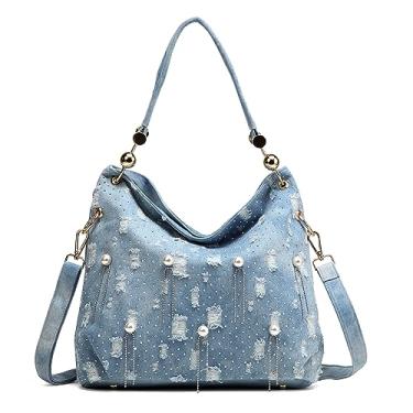 Imagem de YeFine Bolsas de ombro casuais jeans lavadas alça superior bolsas femininas Hobo bolsas femininas e bolsas de mão, Com miçangas, Large