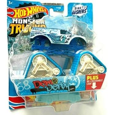 Imagem de Hot Wheels Monster Trucks Blizzard Bashers Demo Derby com Carro Re-Crushável, Escala 1:64 Caminhão Diecast