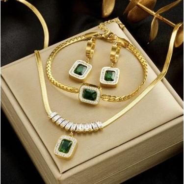 Imagem de Kit cordão + pulseira + par de brincos feminino- banhado a ouro 18k - 