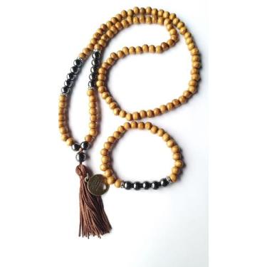 Imagem de Japamala 108 contas  de madeira com hematita + Pulseira 27 contas - Ja