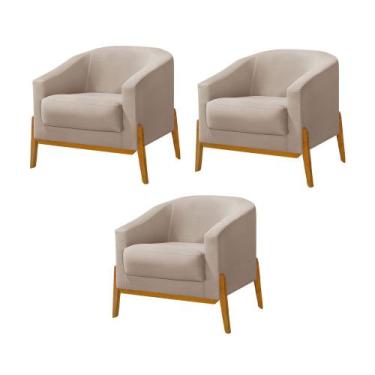 Imagem de Kit 3 Poltronas Living Base em Madeira Maciça Flórida Veludo Bege - VI