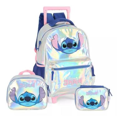 Imagem de Kit Mochila de Rodinhas Holográfica Stitch Lancheira e Estojo - Luxcel