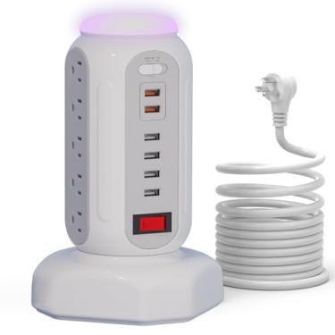 Imagem de Torre de extensão de alimentação com luz noturna colorida, 15 tomadas, 6 portas USB, CYAN BOX com protetor de picos USB, torre de extensão de alimentação e cabo de extensão