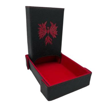 Imagem de Norse Foundry Conjunto de bandeja de dados e torre Red Phoenix – Acabamento luxuoso de couro seguro de veludo – Acessório de jogos RPG para aventuras de mesa – Rolos controlados e design ardente