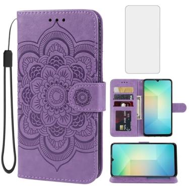 Imagem de Bohefo Capa para Galaxy A06, capa carteira para Samsung A06 SM-A065F com protetor de tela de vidro temperado, capa flip de couro mandala, suporte para cartão de crédito, capa para celular para Samsung