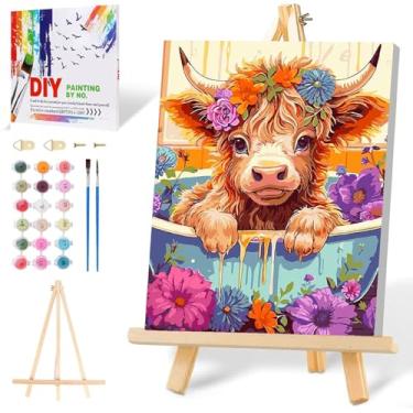 Imagem de Mowana Kit de pintura de vaca por números para adultos iniciantes emoldurado, pintura por números para adultos tela com cavalete para presente e decoração de parede de mesa de casa 19,8 x 30 cm