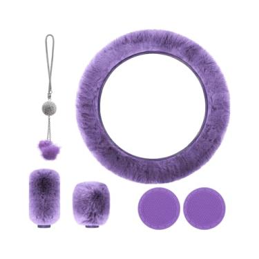 Imagem de Yourkar Conjunto de 6 peças de capas de volante fofas, capa de volante macia de 38 cm, capa de freio de mão, capa de câmbio de marcha, porta-copos e acessório de espelho de carro, acessórios para