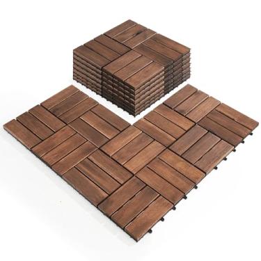 Imagem de AN68 - Pacote de 10 peças, 12 ladrilhos de deck interligados 30,5 x 30,5 cm, azulejos de madeira de acácia natural - piso de pátio externo à prova d'água, azulejos para ambientes externos e internos,