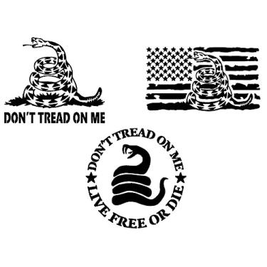 Imagem de Don't Tread On Me Decalques Pacote com 3: Don't Tread On Me Gadsden Bandeira Cobra, Bandeira com Cascavel, Don't Tread On Me Live Free Or Die Decalque (Pequeno ~ 9 cm, Preto)