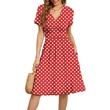 Imagem de WEACZZY Vestido feminino casual de verão de manga curta com decote em V, vestido de festa floral com bolsos, Ponto branco vermelho, 3G