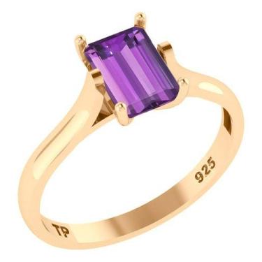 Imagem de Anel Solitário Retangular Prata 925 Dourada 18k - Ametista - Tudo Prat
