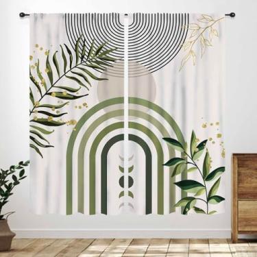 Imagem de Cortinas Boho Folhas, Modernas de Meados do Século, Folhas de Palmeira Tropicais Verdes Douradas Abstratas Minimalistas Geométicas para Sala de Estar Quarto Banheiro Janela Muletas 2 Painéis, 106 x