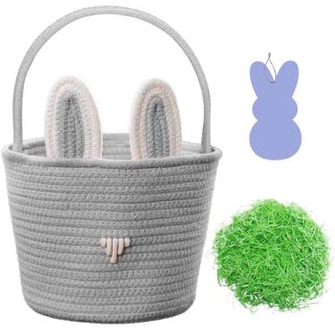 Imagem de Cesta de Páscoa para crianças, cesta de corda de algodão tecido de coelho cinza com grama de Páscoa e etiqueta de nome personalizada de madeira, presentes de caça de ovos para crianças e bebês,