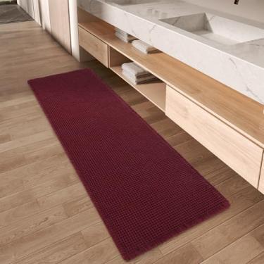 Imagem de Tapete de banheiro AMOAMI quadriculado, atualizado, superabsorvente, antiderrapante, lavável na máquina, passadeira com franjas, ideal para corredor, quarto, lavanderia, 43 x 183 cm, borgonha
