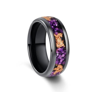 Imagem de Oaineyia Anel de carboneto de tungstênio com aparência de galáxia de ametista roxa, nebulosa combinando, preto, prata, 8/4 mm, para homens e mulheres, presente de aniversário e Natal, epóxi, Sem pedra