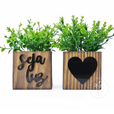 Imagem de Kit 2 Vasinhos Decorativos de Madeira com Plantas Artificiais Inclusas - Frase Espelhada Seja Luz (Preto)