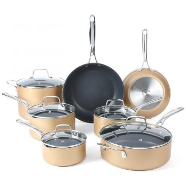 Imagem de Conjunto de Panelas e Frigideiras Antiaderentes em Alumínio, 12 Peças, MARTHA STEWART, Dourada