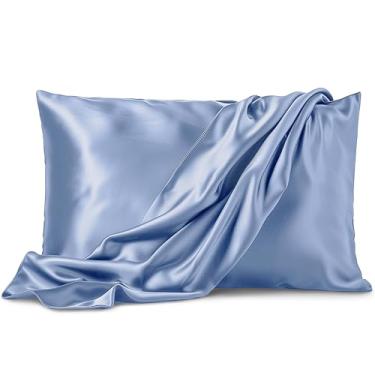 Imagem de Pacote com 2 fronhas de cetim - King Size (51 x 101 cm, azul celeste) - fronhas sedosas para cabelo e pele - Capas de almofada de cetim com fecho de envelope - Microfibra premium extra macia
