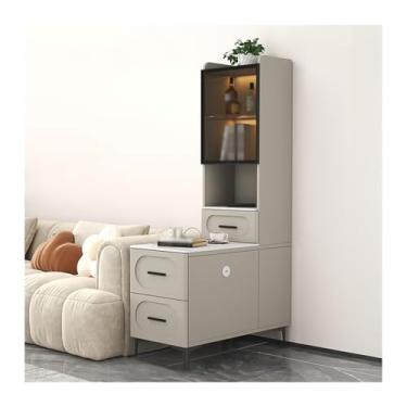 Imagem de Armário lateral de sofá Placa de rocha sofá aparador armário alto sala estar mesa canto prateleiras mesa lateral pequena mesa de centro armário lateral Armário de armazenamento(Khaki,90x30x165cm)