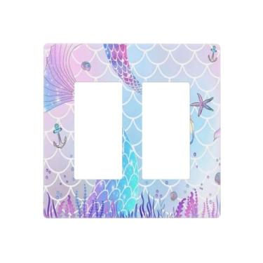 Imagem de Aquarela linda infantil menina roxo rosa cauda de sereia escamas estrela do mar 2 gangues decorador duplo sem parafuso/GFCI placa de parede interruptor de luz decorativa dois dispositivos receptáculo