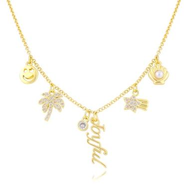 Imagem de Colar feminino banhado a ouro 14K abençoado olho turco sonho unicórnio amor coração asa árvore genealógica alegre verão praia colar pingente pingente de zircônia cúbica pingente ajustável na moda