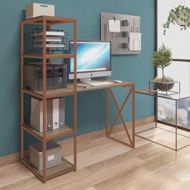 Imagem de Mesa Escrivaninha Max BeX Escritório com 5 Prateleiras Estante de Livros Ferro Bronze Tampo Madeira - Ahazzo Móveis