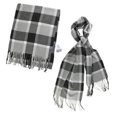 Imagem de Cachecol Xadrez Elegante, Padrão Quadriculado em Preto e Cinza, com Franjas