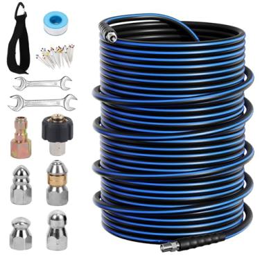 Imagem de AMOPRO Kit de jateador de esgoto para lavadora de alta pressão, mangueira de limpeza de dreno 5800PSI 1/4 polegada NPT canto giratório e botão nariz esgoto bico jato chave inglesa fita impermeável