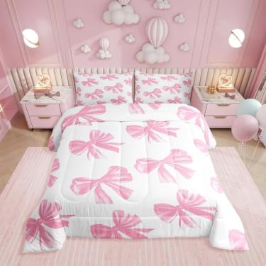 Imagem de Erosebridal Jogo de cama solteiro com laço rosa e branco para meninas e adolescentes, edredom feminino kawaii, com laço, aquarela, 1 fronha