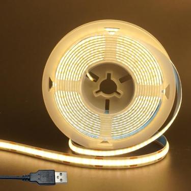Imagem de Clearhill Fita de luzes LED COB USB 5V 8 mm de largura, branco quente 3000K, 320LEDs/M, 8W/M, CRI90, 9,84FT/3M, faixa de luz de painel de dupla face galvanizada, IP20 impermeável, fita flexível para