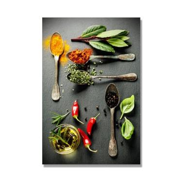 Imagem de Arte de parede colorida em tela para especiarias e colher de tempero | Decoração de cozinha vintage | Arte moderna para casa e sala de jantar (especiarias mistas 36). 30 x 45 cm-11,8 x 17,7 pol. Sem