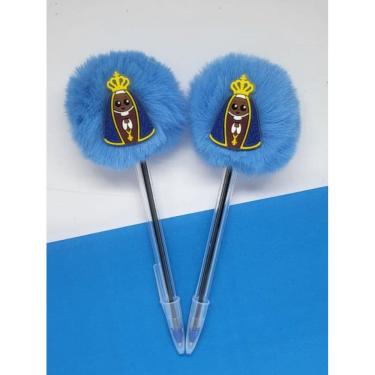 Imagem de 02 Canetas esferográficas pompom Kit religioso Nossa Senhora Aparecida 2 peças material escolar papelaria caneta macia 
