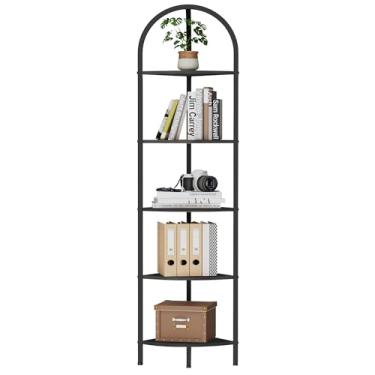 Imagem de Homhedy Suporte de prateleira de canto arqueado de 5 camadas, estante de canto de parede com moldura de metal, suporte de plantas, prateleira de armazenamento industrial para sala de estar, quarto