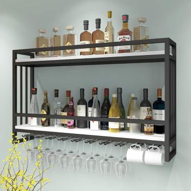 Imagem de Prateleira De Parede Rack De Vinho Estilo Nórdico Ferro Madeira Maciça Cálice De Vinho Montado Na Parede Pendurado Expositor Rack De Armazenamento De Acabamento 3 Cores, B, 60 * 20 * 61cm
