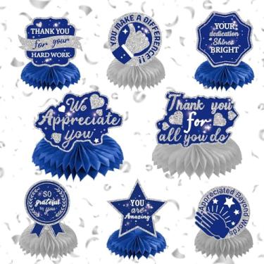 Imagem de Conjunto de peças centrais de favo de mel de agradecimento prata azul - 8 peças We Appreciate You Decoração de mesa com mensagens inspiradoras para professores, enfermeiras, funcionários - suprimentos