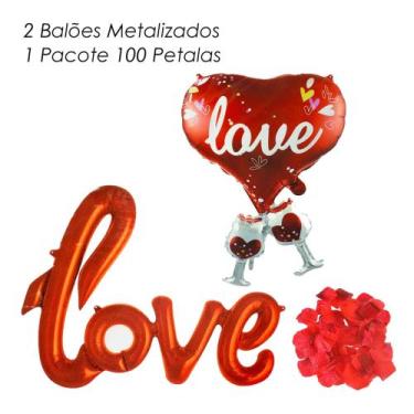 Imagem de Kit dia dos Namorados 2 Balões Metalizados e petalas artificiais