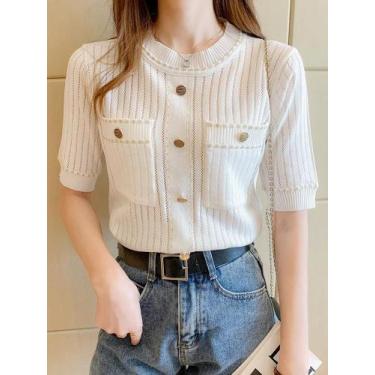 Imagem de Camiseta Branca Feminina Básica - Manga Curta com Bolsos, Um tamanho, 